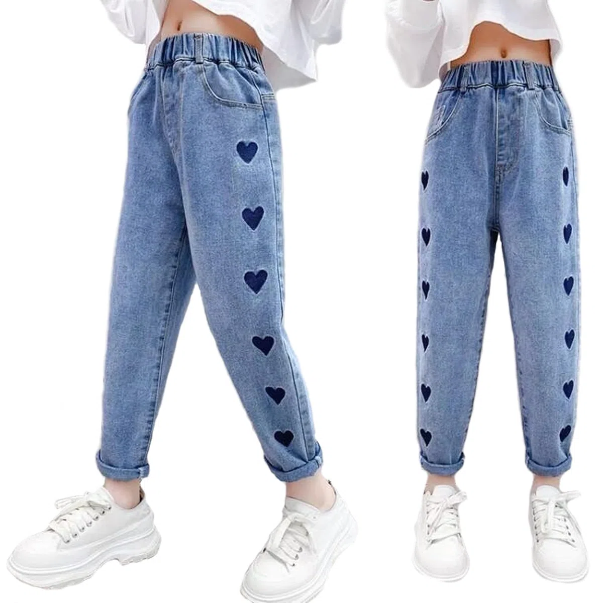 Jeans casual da ragazza con vita elastica con tasche posteriori, jeans perfetti per bambini dai 6 ai 12 anni, comodi pantaloni da ragazza da indossare tutti i giorni