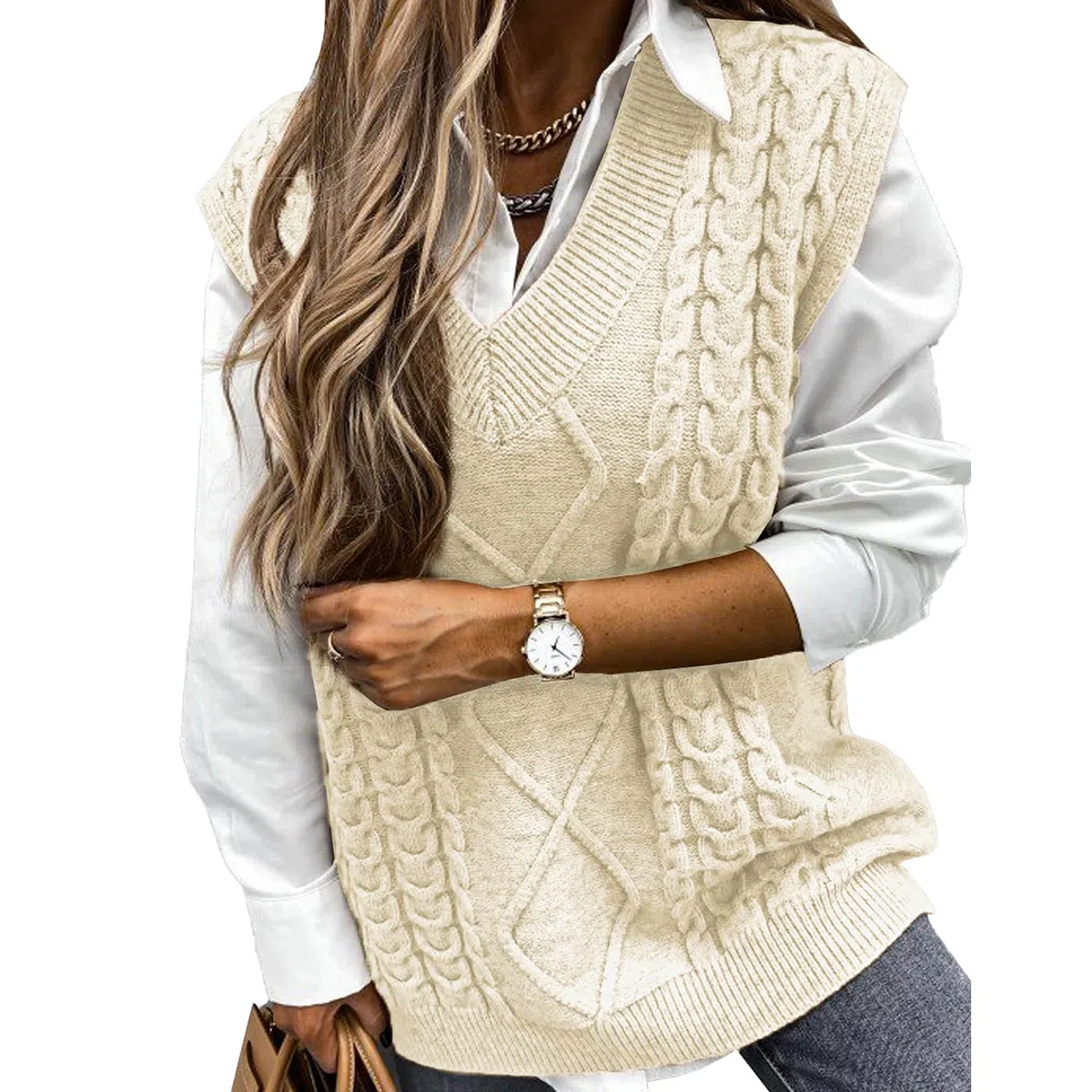 Voqeen Maglione Senza Gilet in Maglia da Donna Maniche Lavorato a Maglia Scollo a V Elegante Maglia Classico Gilet Maglioni Lungo Maglieria Autunno Inverno Pullover Smanicato