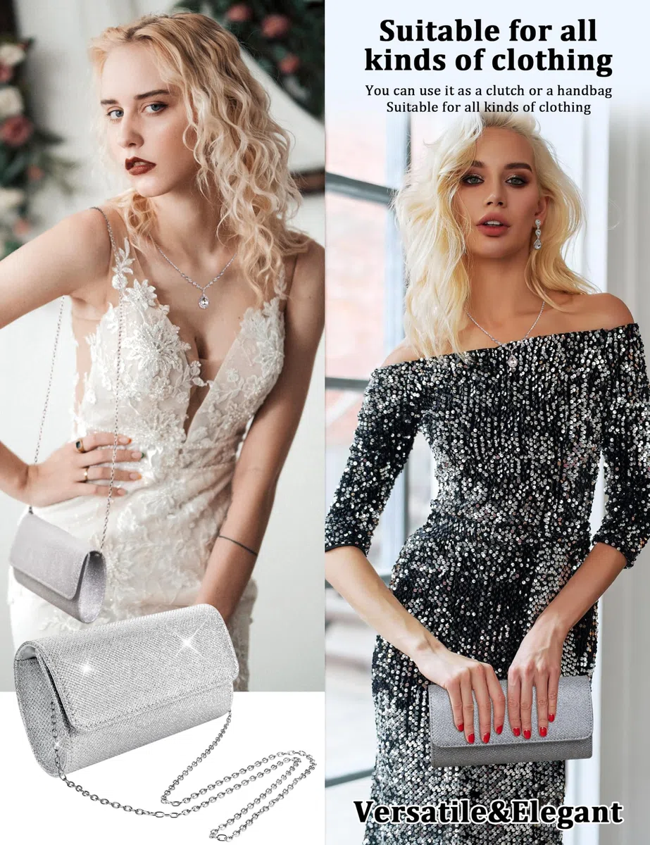 JeryWe 4Pcs Sliver frizione borsa gioielli set per le donne sera strass borsa di cristallo collana orecchini bracciali Set accessori d'argento per le donne sposa gioielli