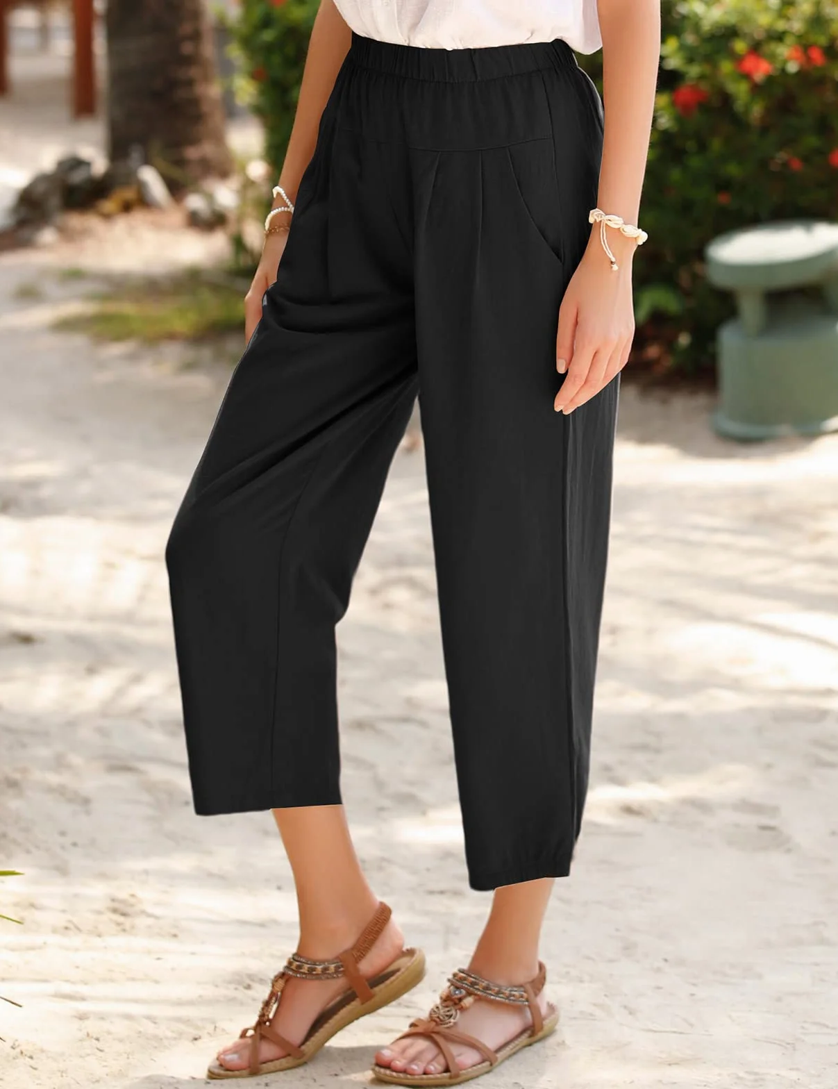 Pantaloni Donna Estivi Casual Cotone e Lino 7/8 Pantalone Gamba Larga Leggeri Pantaloni Elastici in Vita Tinta Unita Harem Pants con Tasche