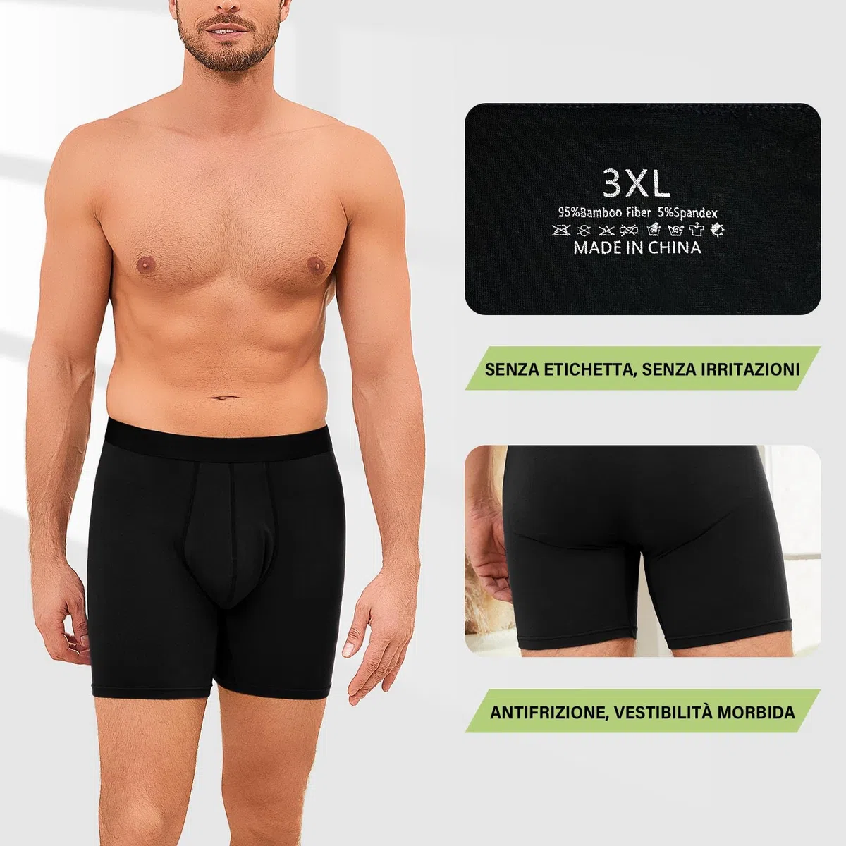 PUTUO Uomo Mutande Boxer in bambù: Mutande Lungo Uomo Aderenti in Bamboo con Conchiglia - 3D Ultra Morbido Comodi e Traspiranti Intimo Lunghi Senza Etichette 6 Paia