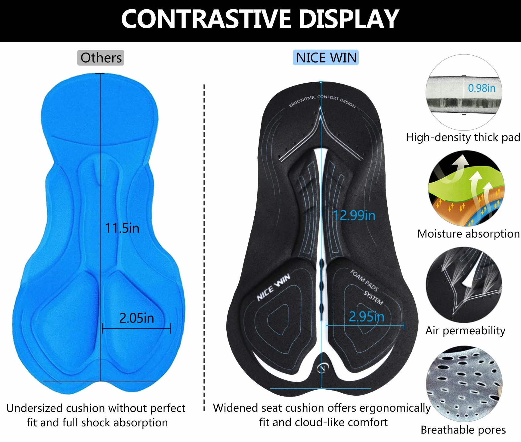 NICEWIN Pantaloncini da Ciclismo da Uomo, Imbottitura 4D, Antiscivolo, Ampia Fascia in Vita, per Bici e Moto