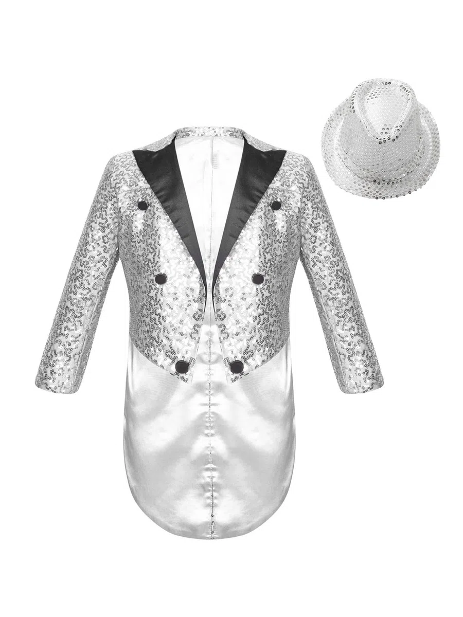 YiZYiF Ragazzi Paillettes Frac Giacca Cappotto Manica Lunga Gentiluomo Vestito Giacca Circo Costume Ringmaster Uniforme con Cappello