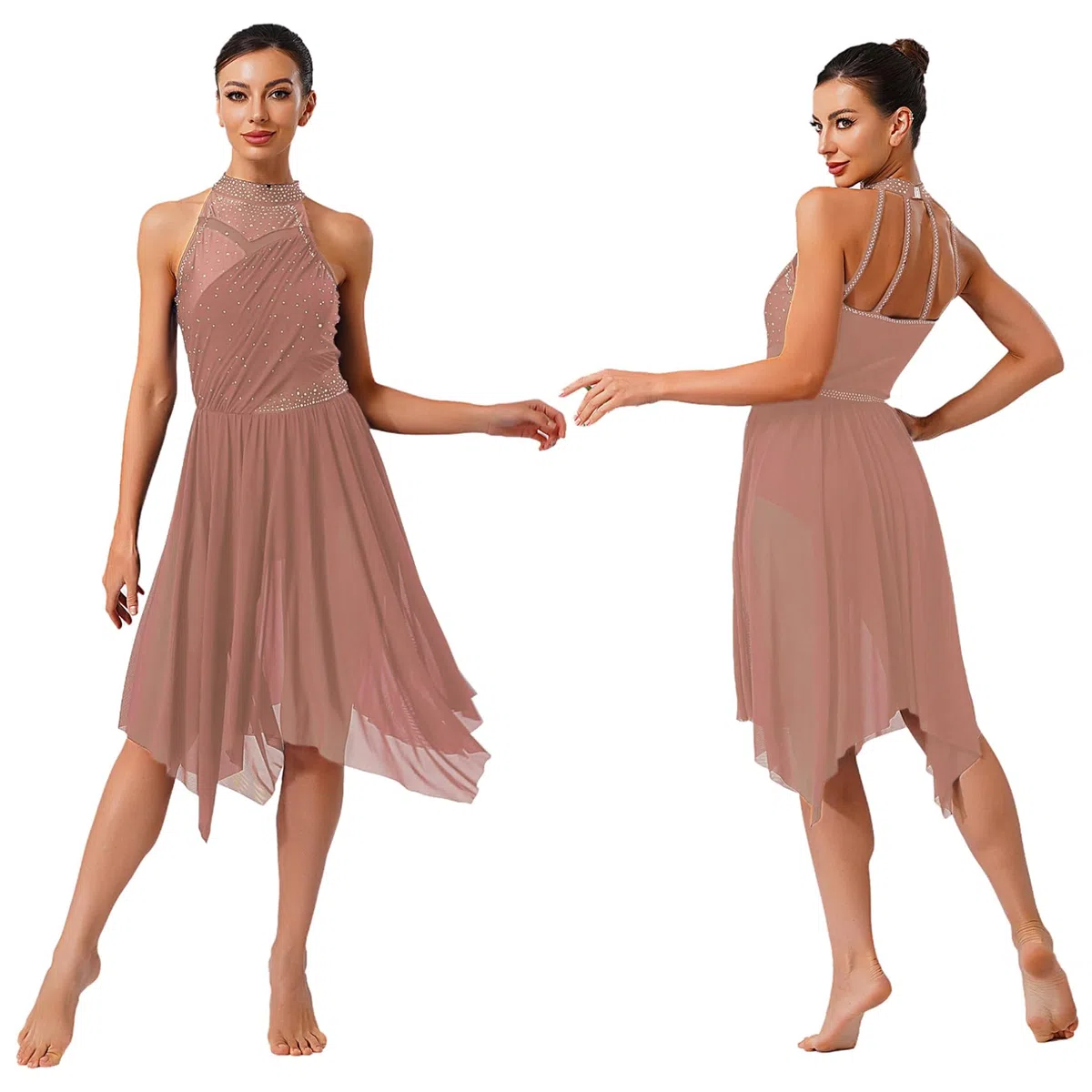 ranrann Vestito da Ballo Lirico Latino Americano Donna Senza Schiena Strass Abito da Pattinaggio Gonna Asimmetrica Danza Moderna Standard Valzer Tango Sala Saggio