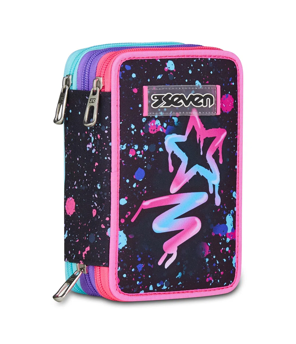 Seven Astuccio Scuola Elementare, 3 scomparti, Medie, con Matite, Pennarelli, Penne, 3 Zip, Universe Spots, Bambina e Ragazza, viola/nero