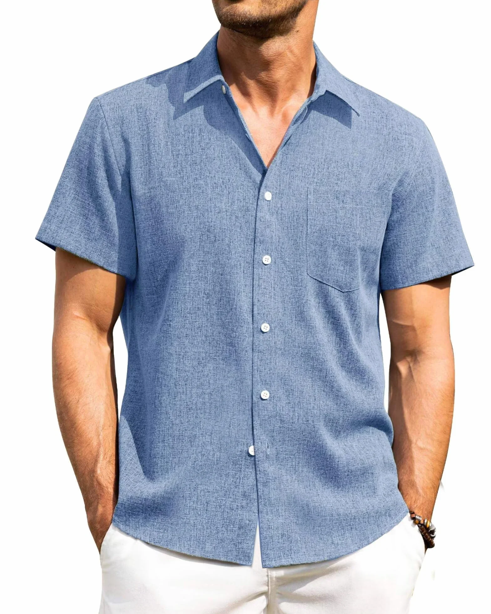 Camicia Lino Uomo Manica Corta Estiva Casual con Taschino