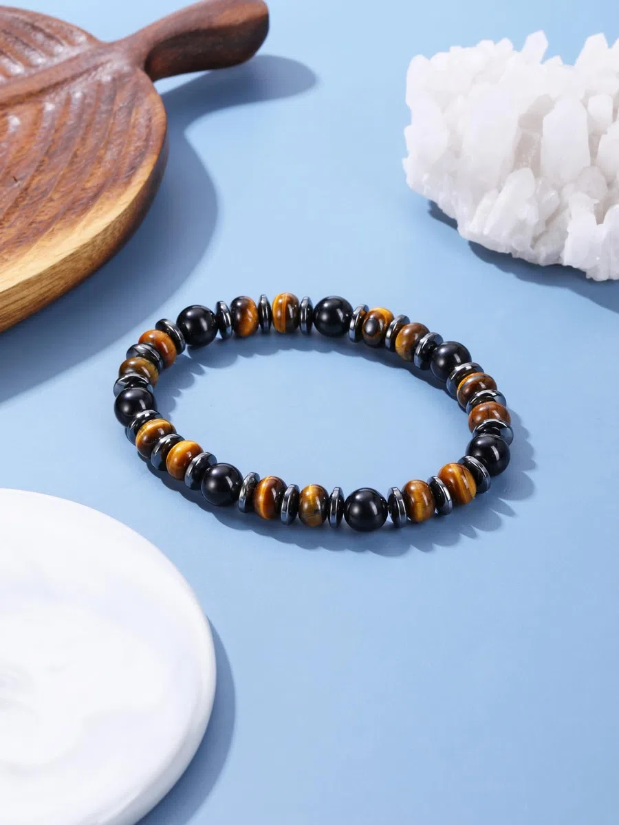 JSDDE Collana e bracciale tripla protezione in pietre e cristalli per uomo donna Parure gioielli protezione dall'energia negativa in pietre naturali occhio di tigre ossidiana ematite 8 mm