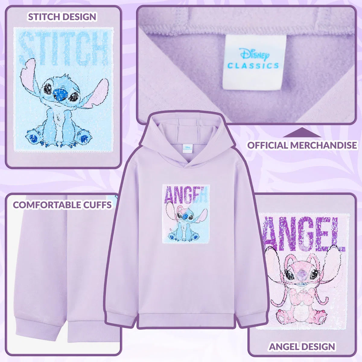 Disney Stitch Felpa con Cappuccio per Ragazza Adolescenti, Morbida Abbigliamento Paillettes Reversibili Felpe Ragazzo, Idee Regalo Bambini