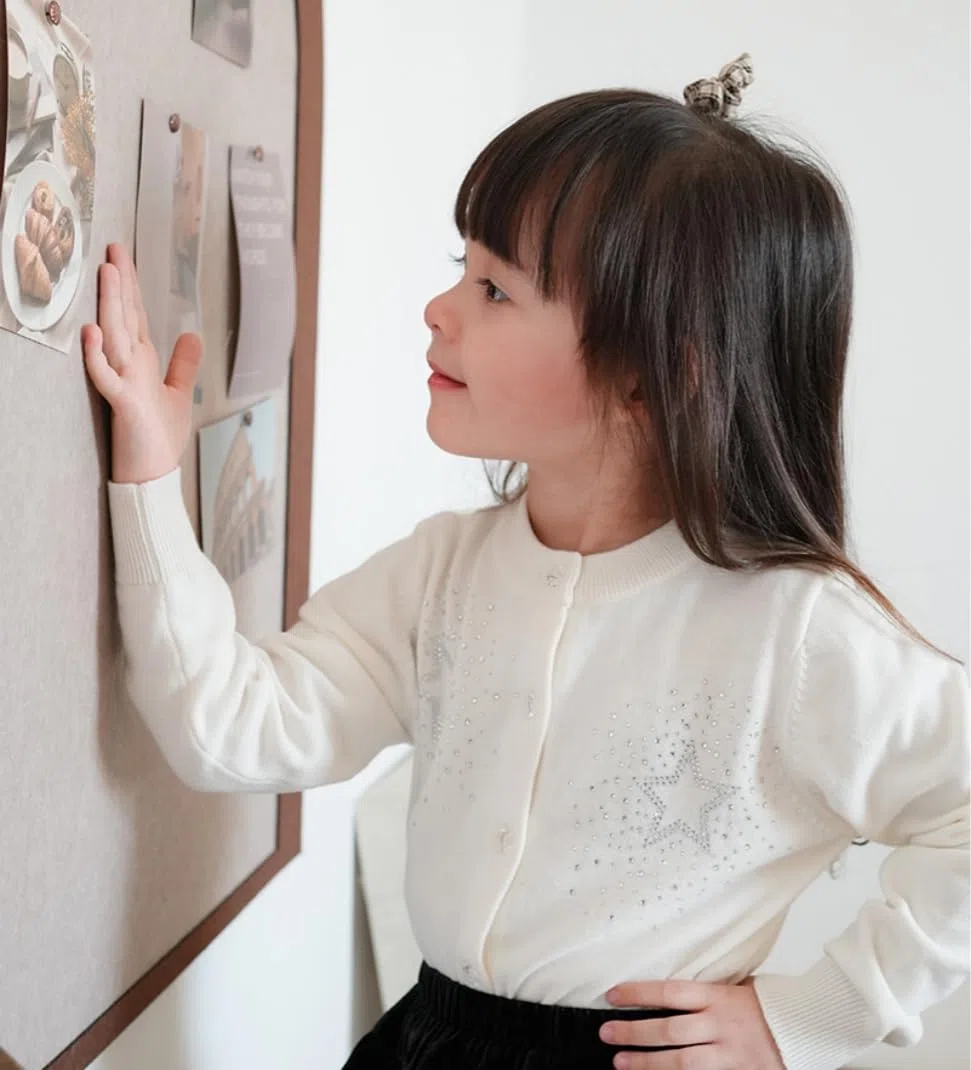 Rolanko Cardigan da Bambina a Maglia a Maniche Lunghe in Cotone，Maglione Girocollo Basic Schoolwear