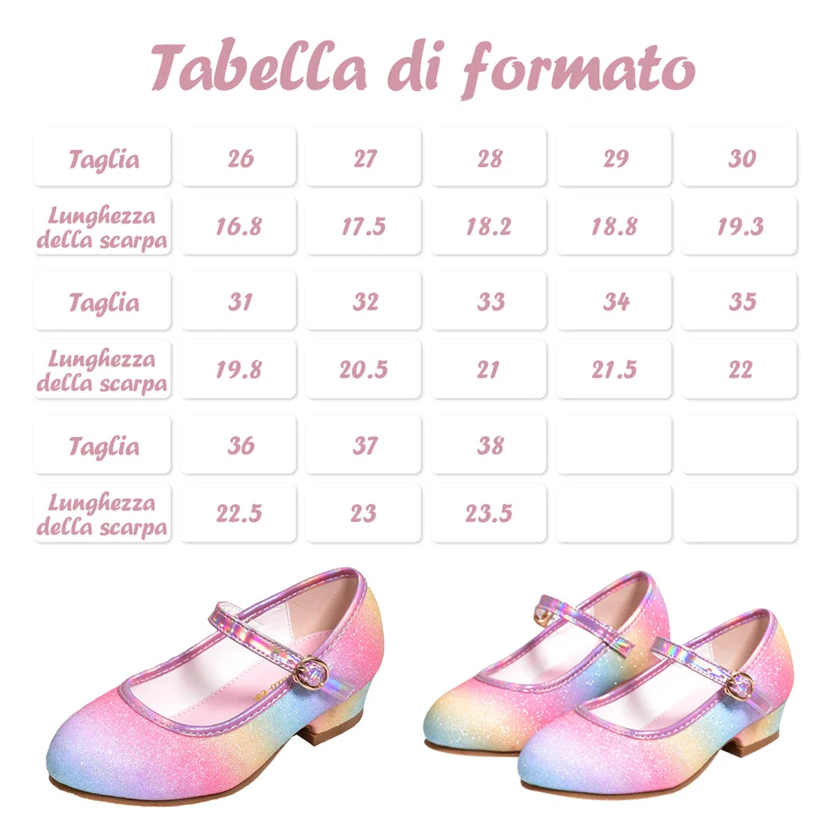 Scarpe Principessa Bambina Scarpe Bimba Tacco Scarpe Arcobaleno Tacchi Ragazza Scarpe Cosplay Principessa con Paillettes Scarpe Eleganti Bambina per Cerimonia Festa