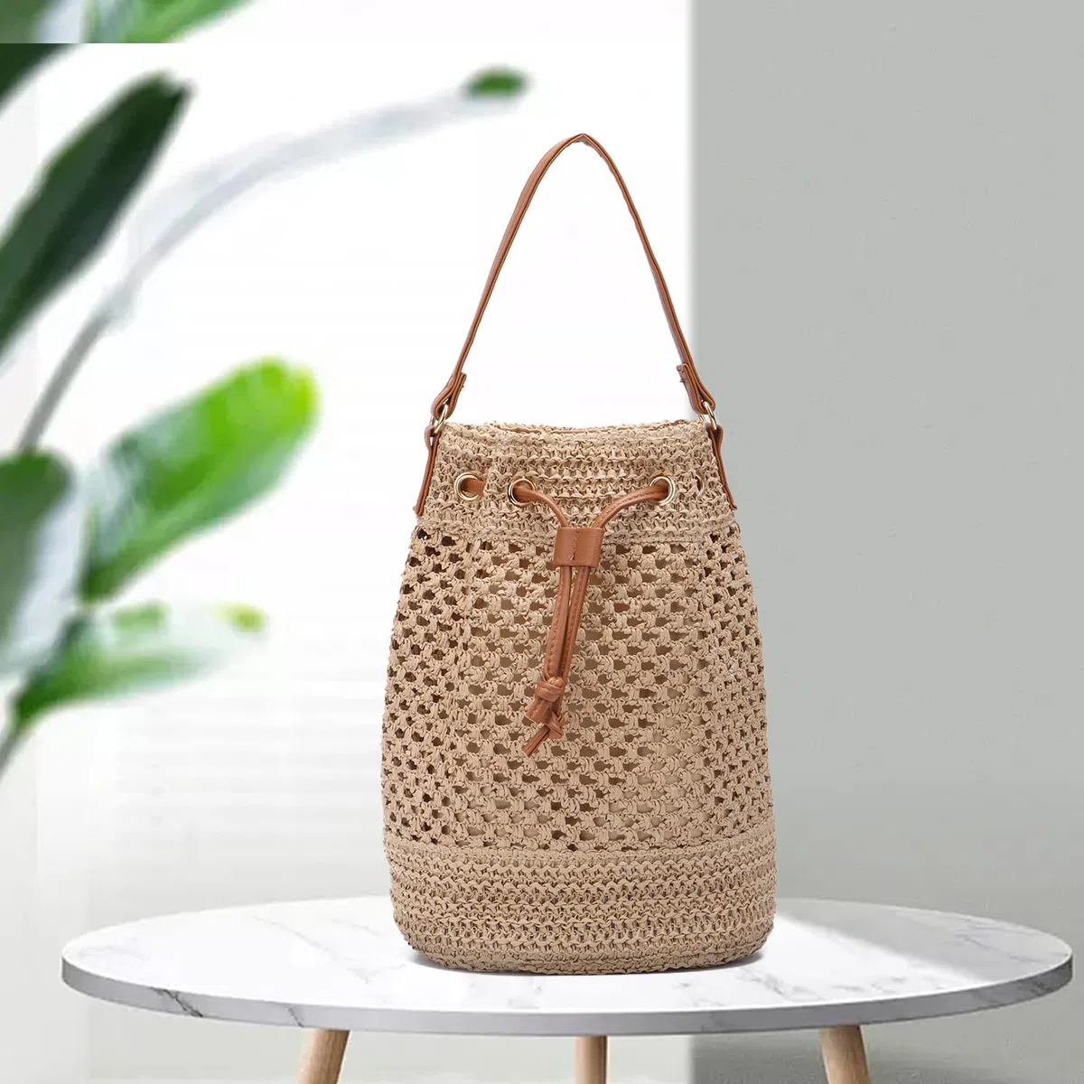 EVEOUT Borse a tracolla in Paglia Intrecciate a Secchiello Donna Bohémien Borsa a mano rafia spiaggia paglia Estiva
