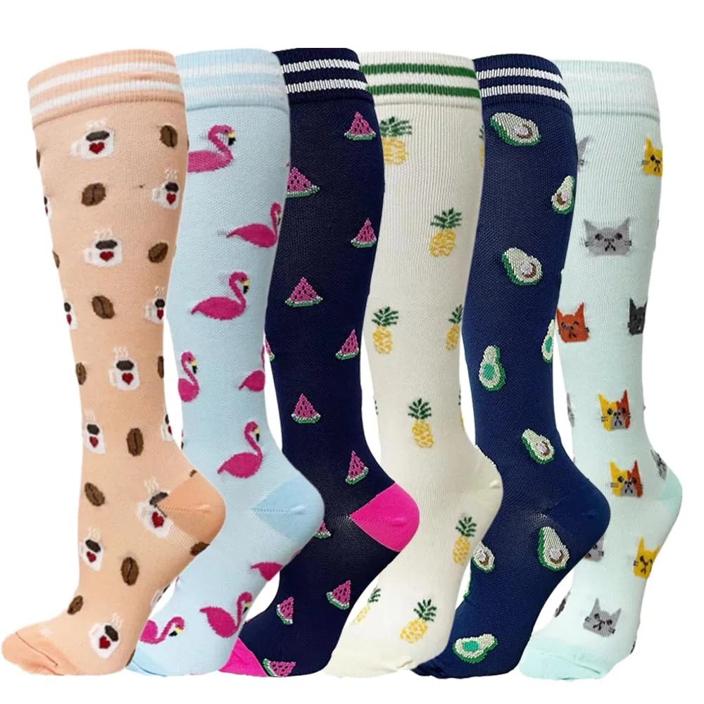 6 paia di calze a compressione per uomo e donna, calze colorate di sostegno per sport, corsa, viaggi, ciclismo