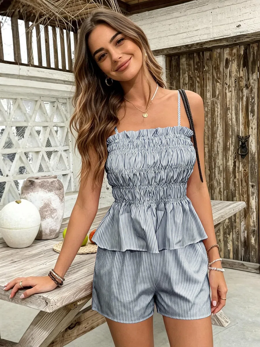 Tuta Donna Estiva 2 Pezzi a Righe Completo Corto Pantaloncini e Maglietta Senza Spalline Elegante da Spiaggia Casual con Tasche