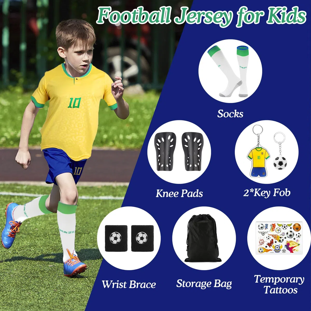 Maglie da Calcio per Bambini, N. 7/N. 10 Pantaloncini Ragazzi Abbigliamento T-Shirt Maglietta Calze Parastinchi Portachiavi Tatuaggi Temporanei Accessori Maglia da Calcio Esterni Sportiva Regali