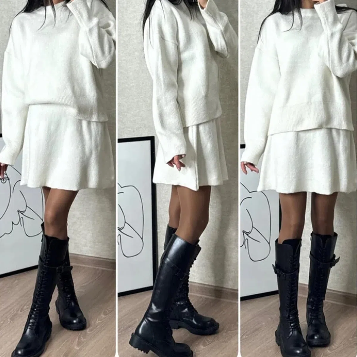 Autunno Nuovo Set di Abiti in Maglia Casual Tinta Unita Stile College, 2024 Top Corto a Maniche Lunghe Mini Gonne in Maglia Completi, Set Maglione 2 Pezzi, Set Casual Maglione in Maglia Largo