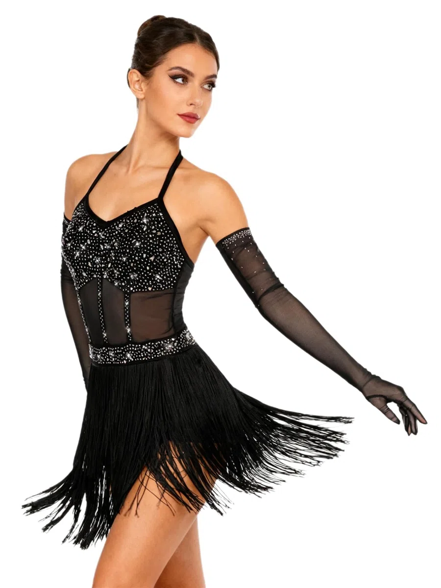 dPois Vestito da Ballo Latino Americano Tango Donna con Guanti Abito da Pattinaggio Artistico con Frange Nappe Body Ginnastica Ritmica Costume Danza Samba Rumba Salsa