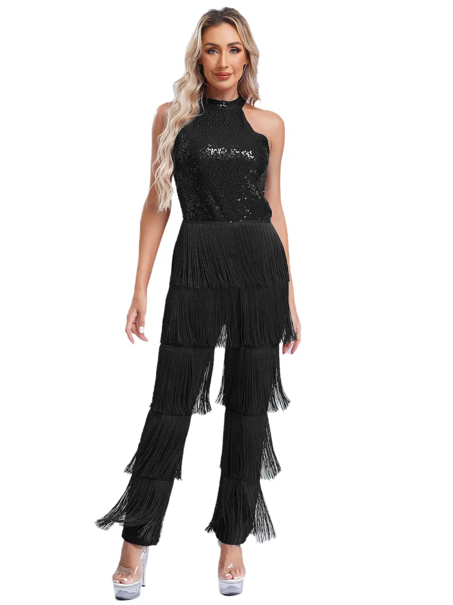 Body Da Ballo Donna Latino Body Intero Paillettes Glitter Tuta Senza Maniche Frange Nappe Pantaloni Danza Abbigliamento Danza