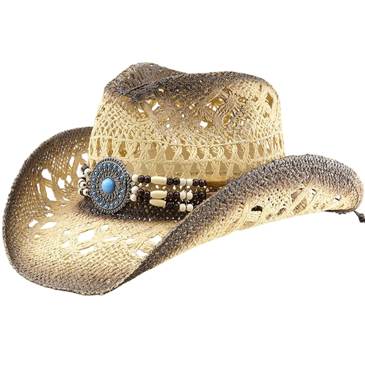 Cappello da Cowgirl in Paglia con Fasce Decorative, Cappello da Cowboy in Paglia Western con Tesa Modellabile per Donna Uomo Sole da Spiaggia