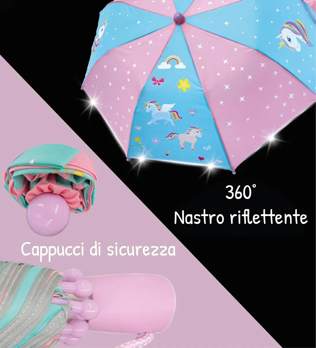 HECKBO Magic Ombrello per bambini - motivi diversi - cambia colore in caso di pioggia - ombrello pieghevole: si adatta a qualsiasi zaino scolastico