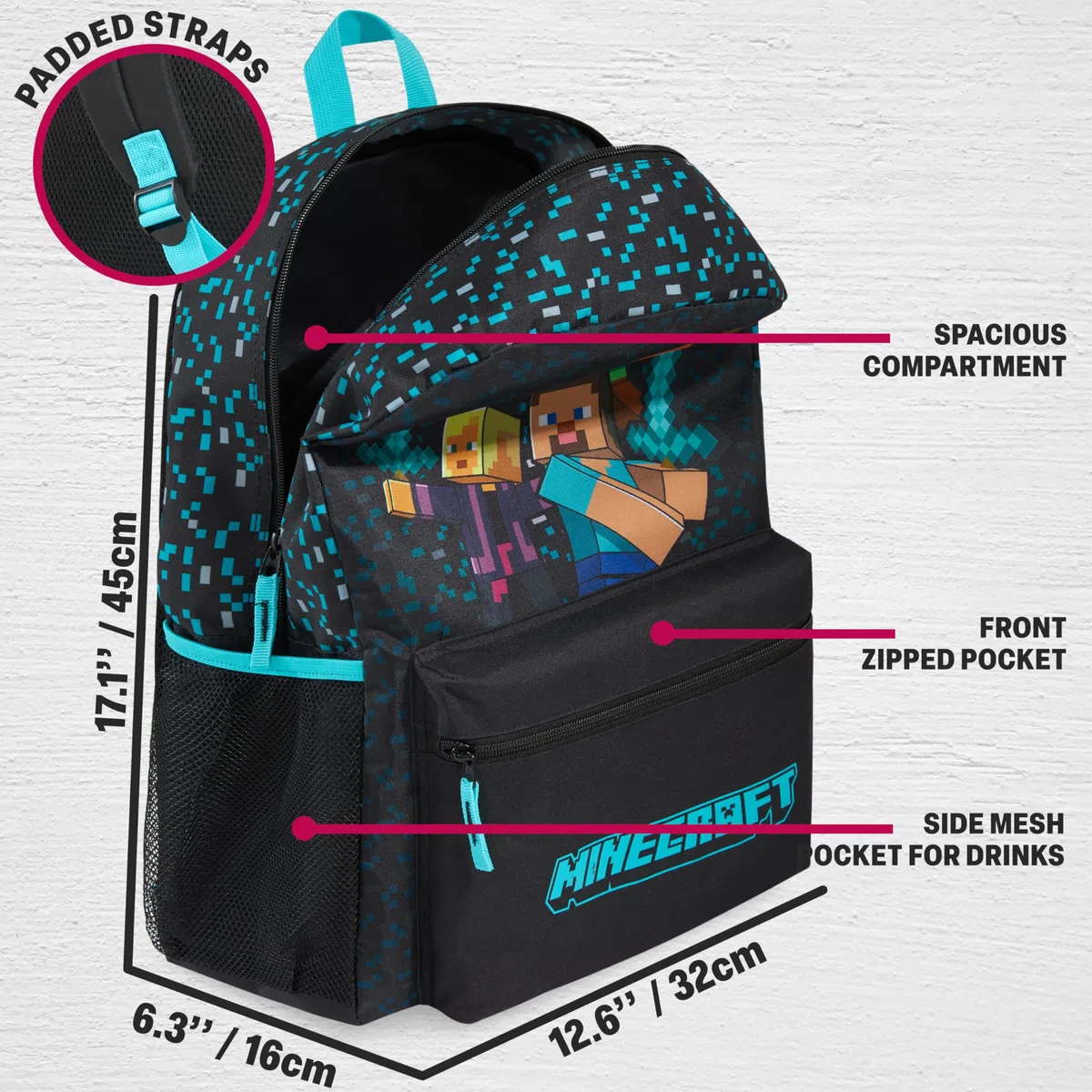 Get Trend Minecraft Zaino Scuola Ragazzo, Borsa Zaino Grafica Pixel Spallacci Regolabili Imbottiti Tasca a Rete Ideale per Scuola (Blu/Nero Minecraft)