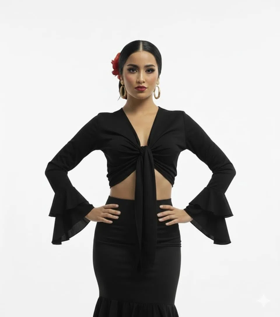 Bolero Torera Top Crociato Fenicottero Tessuto elasticizzato Manica Lunga con Due Volant