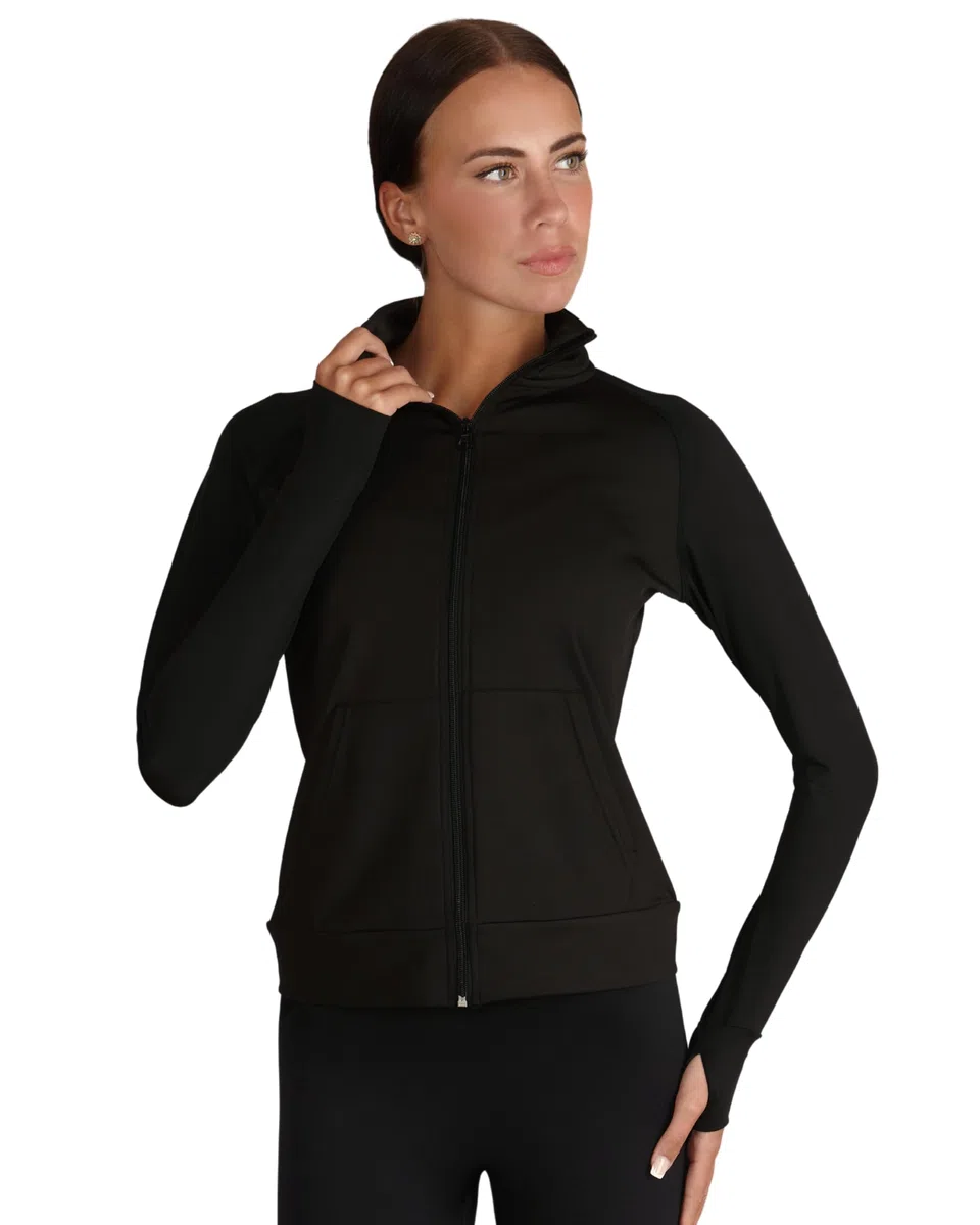 Silky Dance Giacca da corsa con cerniera, per donne e ragazze, giacca sportiva da allenamento, a maniche lunghe, per palestra, corsa, divisa da ballo, con fori per i pollici e tasche, colore nero