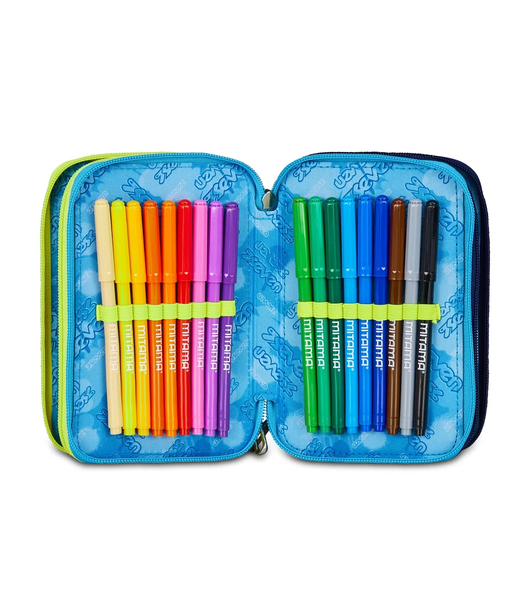 Seven Astuccio Scuola Elementare, 3 scomparti, Medie, con Matite, Pennarelli, Penne, 3 Zip, Nuanced Blue, Bambino, Ragazzo, giallo/blu