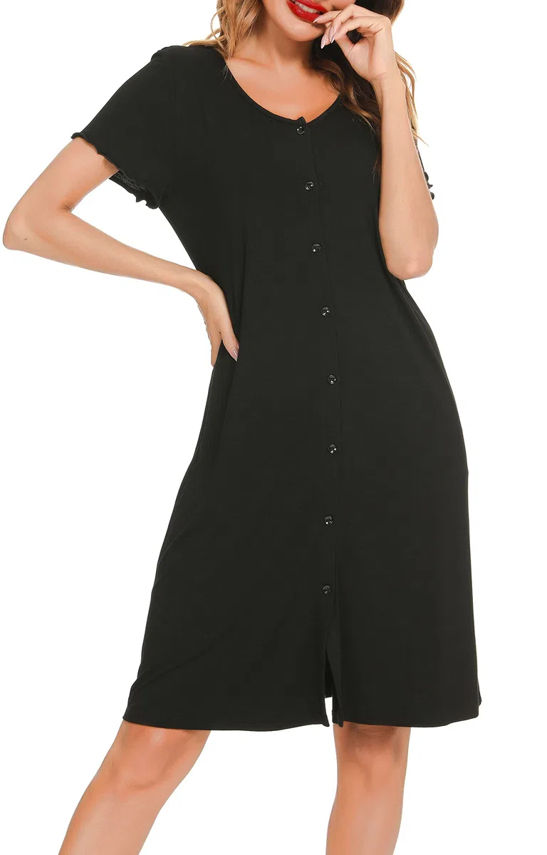 Lovasy Camicia da Notte Donna Manica Corta Sexy Abito da Notte Estiva con Bottoni Un Pezzo Pigiama Curvy Premaman Allattamento con Tasche