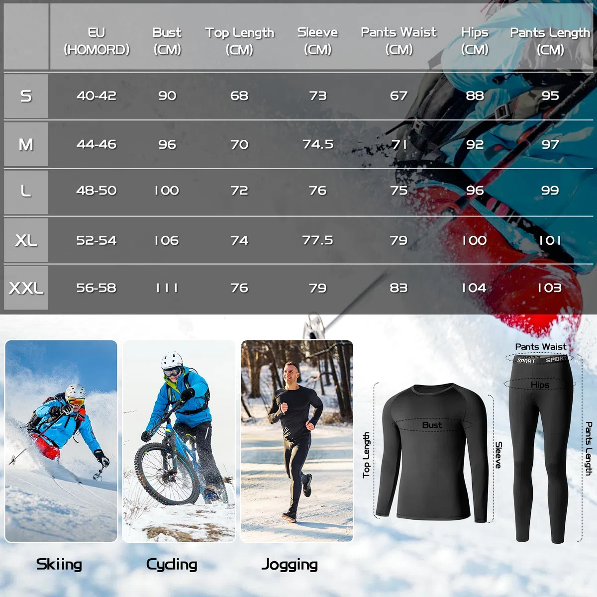 Homord Intimo Termico Uomo Invernale, Manica Lunga Maglia Termica e Pantaloni - Attivo Caldo Completo Tuta Termica Funzionale Set Termico Uomo per Sci Ciclismo Corsa Allenamento