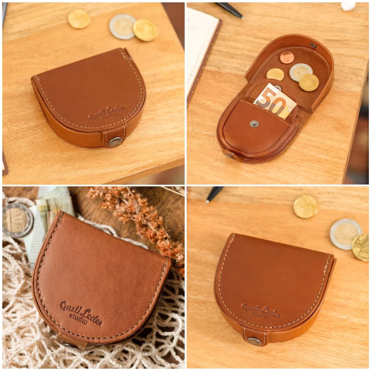 Gusti Leder studio ''Brian'' borsellino portamonete banconote monete vintage vera pelle festa disco unisex marrone cognac 2A14-22-5