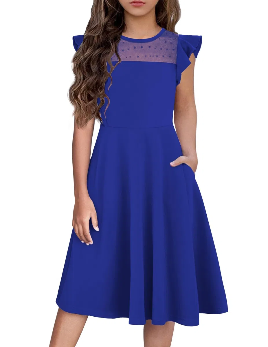 Arshiner Ragazze Abito Estivo con Maniche a Balze in Rete Abiti da Festa Casual con Tasche 6-13 Anni