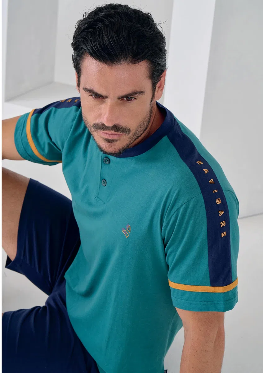Navigare Pigiama Uomo Estivo in Cotone Jersey, Maglia Manica Corta con Scollo Serafino e Pantalone Corto, Misure M-L-XL-XXL Varie Fantasie