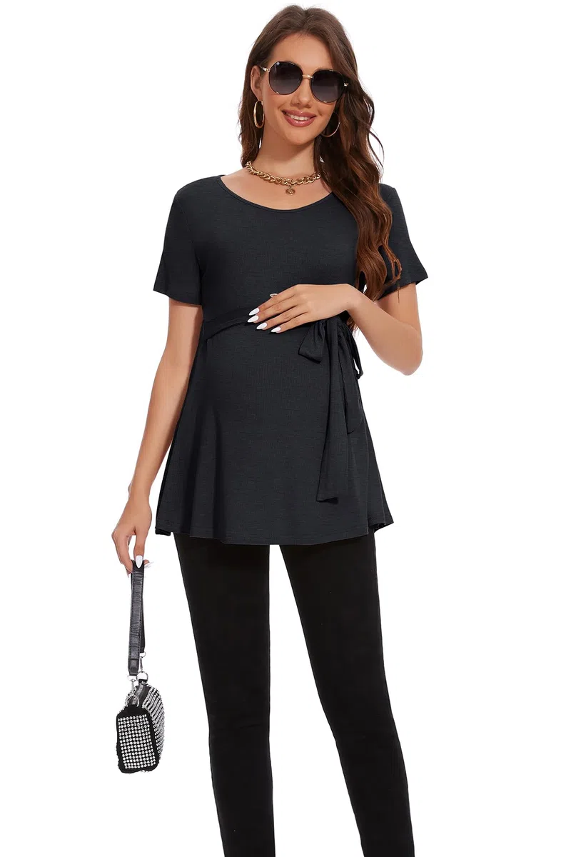 Smallshow Abbigliamento Premaman Tie Front Magliette e Top maternità Donna,Deep Grey,M