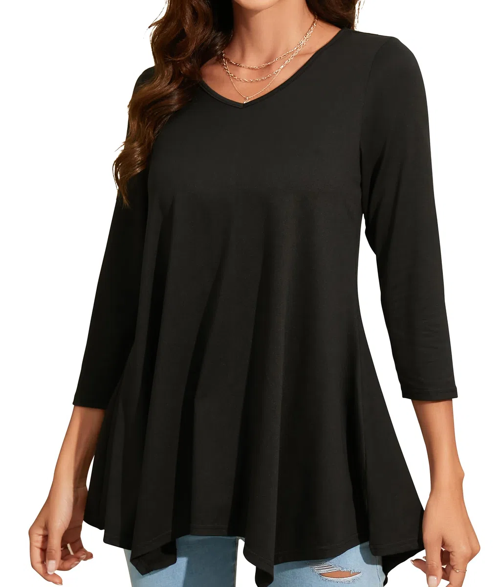 Enmain Maglietta Donna Tunica Scollo V Maniche a 3/4 Top Maglia Manica Lunga Taglie Forti Magliette Donna Tinta Unita Elegant Lungo Camicetta con Stampata