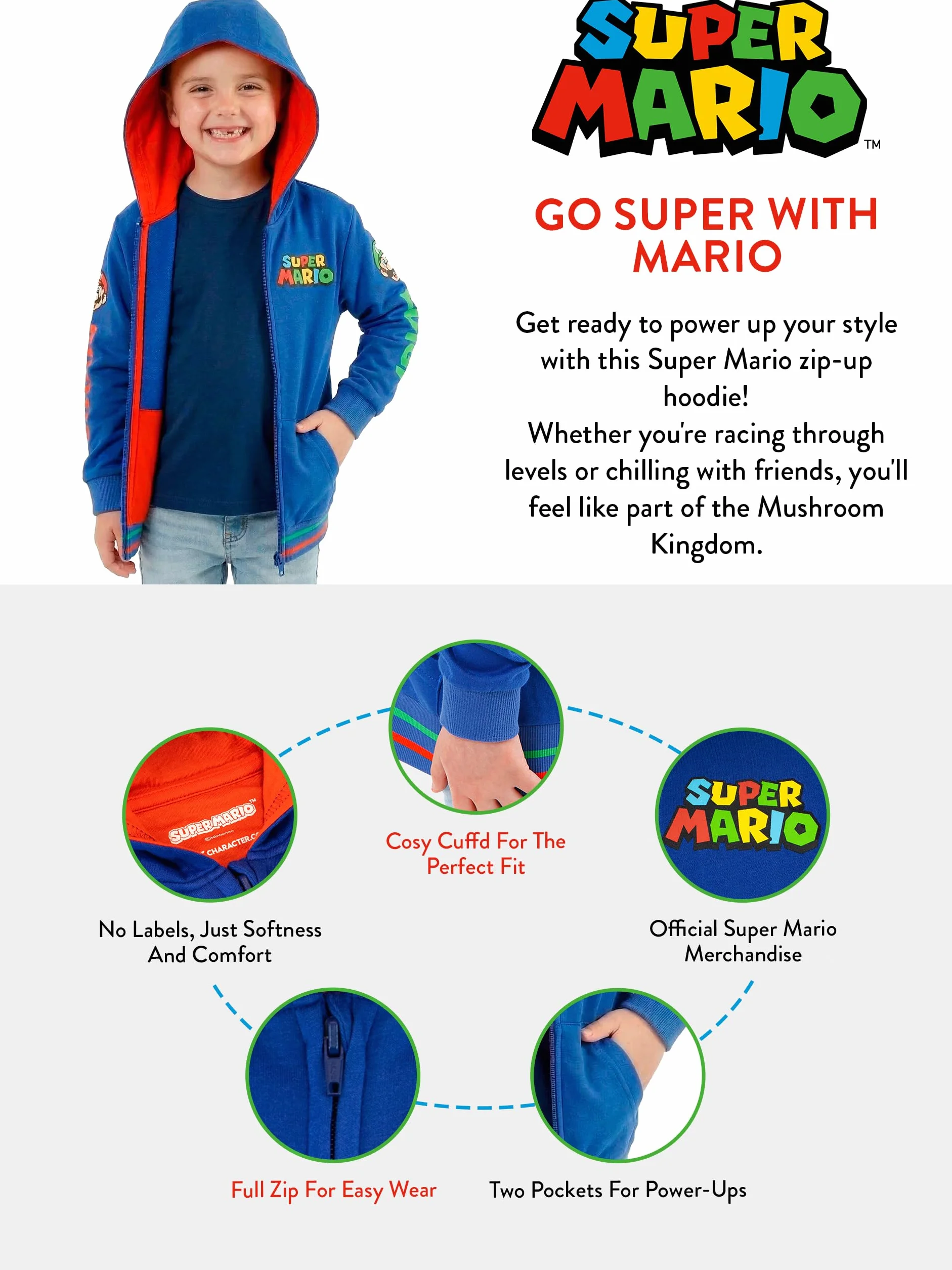 Super Mario Felpa Bambino | Luigi Felpe con Zip | Felpa con Cappuccio Gamer per Bambini