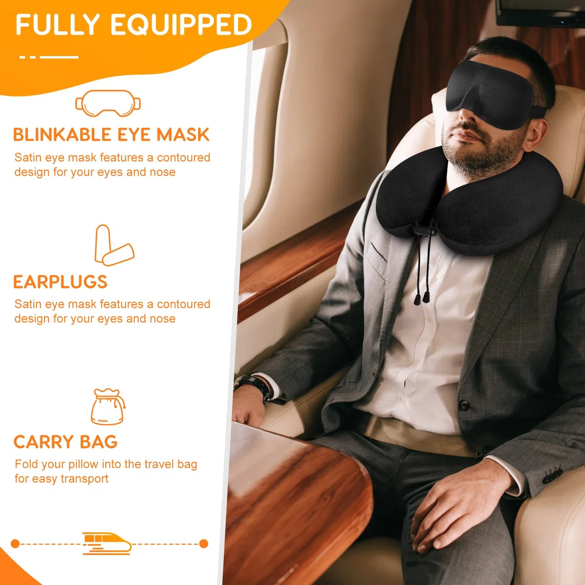 Cuscino da viaggio, Cuscino collo in memory foam, Cuscino di supporto, Cuscino Cervicale da Viaggio per Auto, Viaggio con Maschera per gli Occhi e Tappi per le Orecchie, Borsa da Viaggio (Nero)