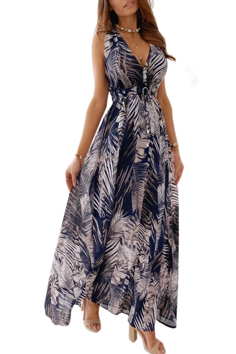 Yutdeng Abito Estivo Donna da Spiaggia Vestito Lungo Vestiti Estivi Casual Curvy Eleganti Scollo a V Senza Maniche Vestito Boho Fiore Stampato Maxi Lunga Sexy da Cerimonia