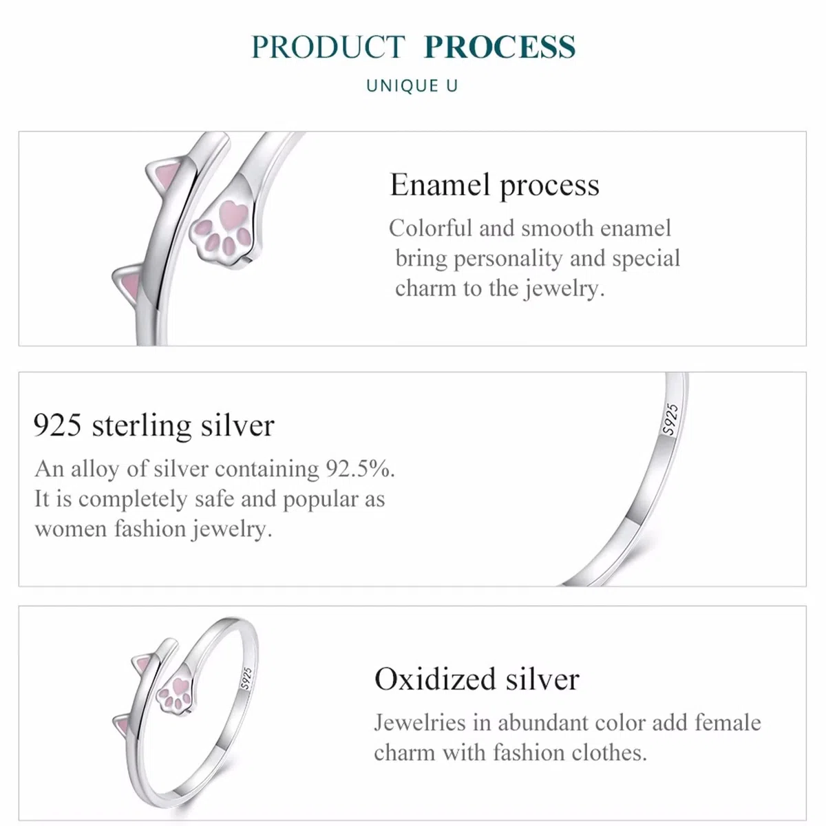 Qings Anello Regolabile Carino Gatto Argento 925 Animale Aperto Anello Impilabile Anelli Gioielli Regalo di Compleanno per Donna Ragazze