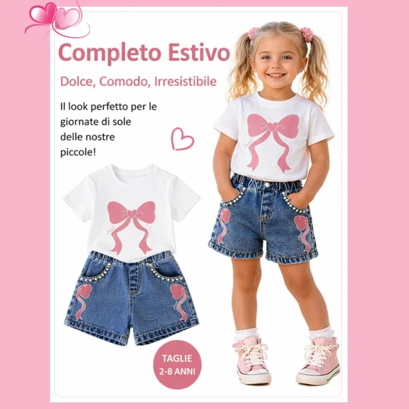 OrJana Completo Bambina 2 Pezzi con Unicorno, Maglietta con Volant e Jeans, Tema Unicorno e Arcobaleno
