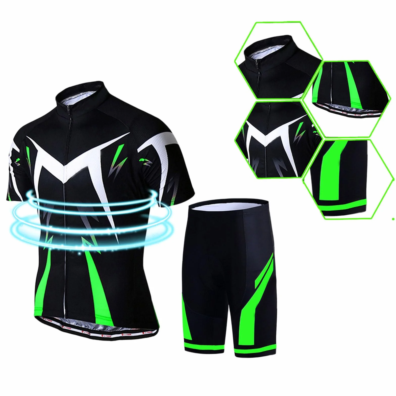 Set di maglia da ciclismo da uomo, 2 pezzi, tuta da jogging, a maniche corte, con chiusura lampo completa, maglia da ciclismo e imbottita, traspirante, abbigliamento da ciclismo