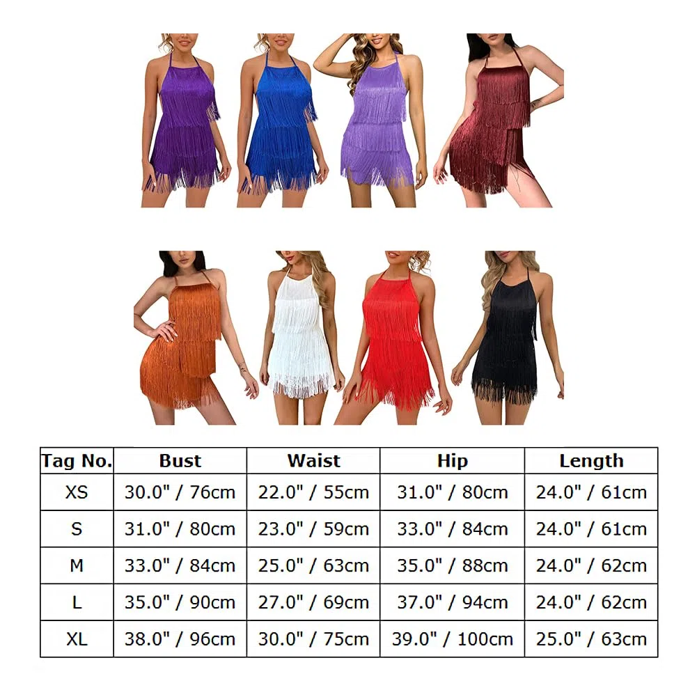 AFAVOM Tutina da donna con scollo all'americana e nappa, schiena scoperta, frange, abito da ballo latino, tuta corta da sera elegante da sala da ballo con cravatta posteriore