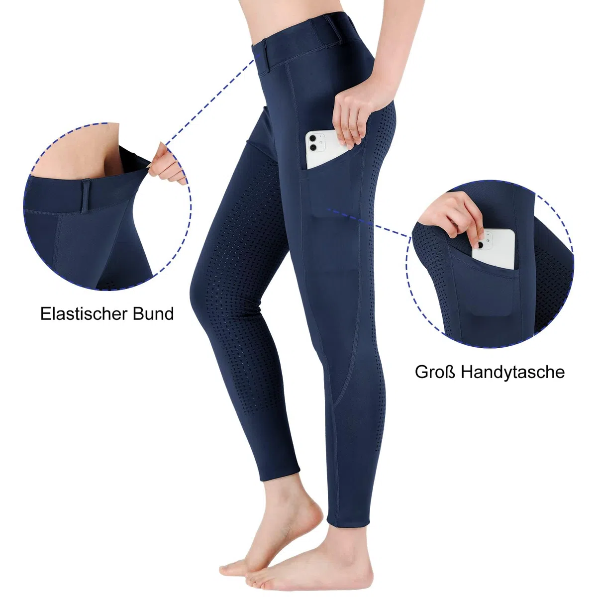 beroy Pantaloni da equitazione per bambini, con inserti in silicone, con passanti per cintura e custodia per cellulare