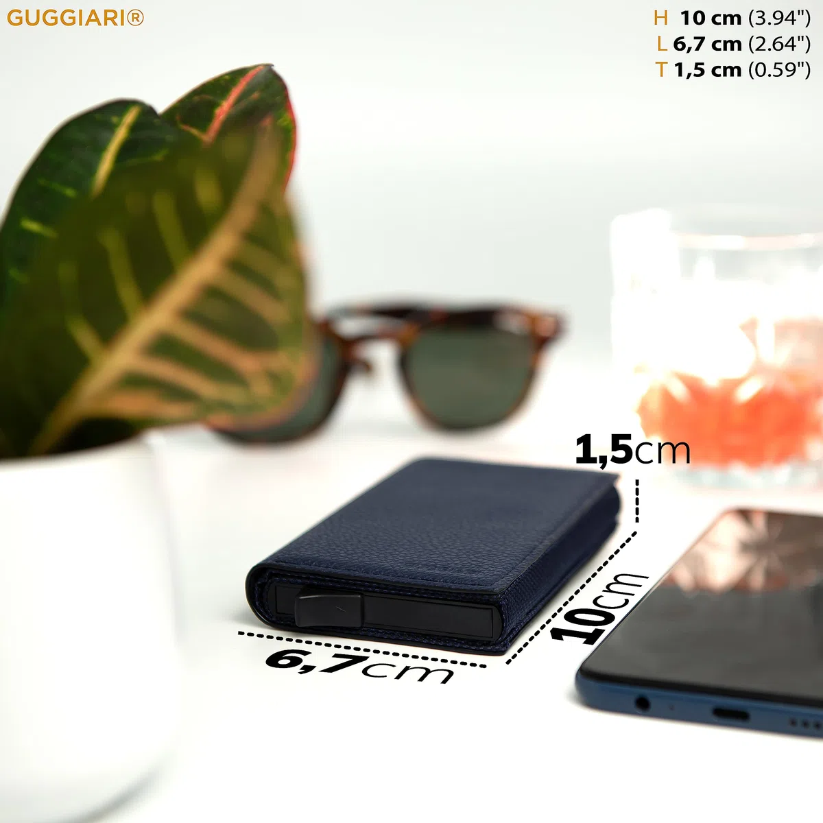 GUGGIARI® Porta Carte Credito Uomo in Pelle - Portacarte RFID in Alluminio con Porta Monete e Tasca di Cortesia con Chiusura Magnetica - Portafoglio Uomo Slim - Leather -Blue