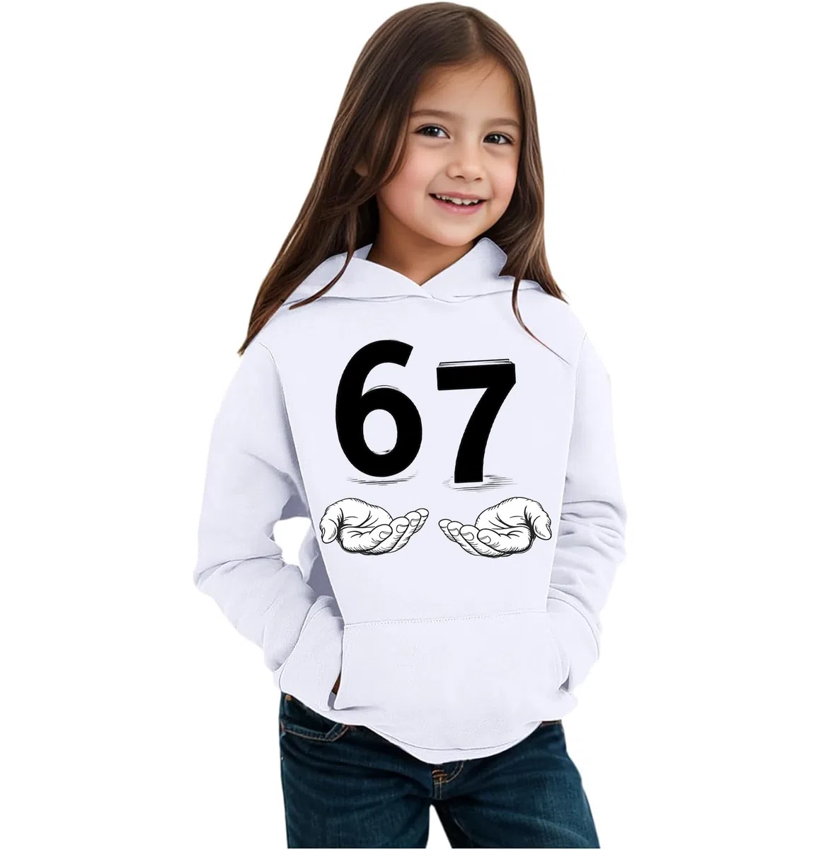 Felpa con Cappuccio Six Seven 6 7 Meme Gen Alpha Brain Rot Sweatshirt Taglia Bambini Bianca o Nera