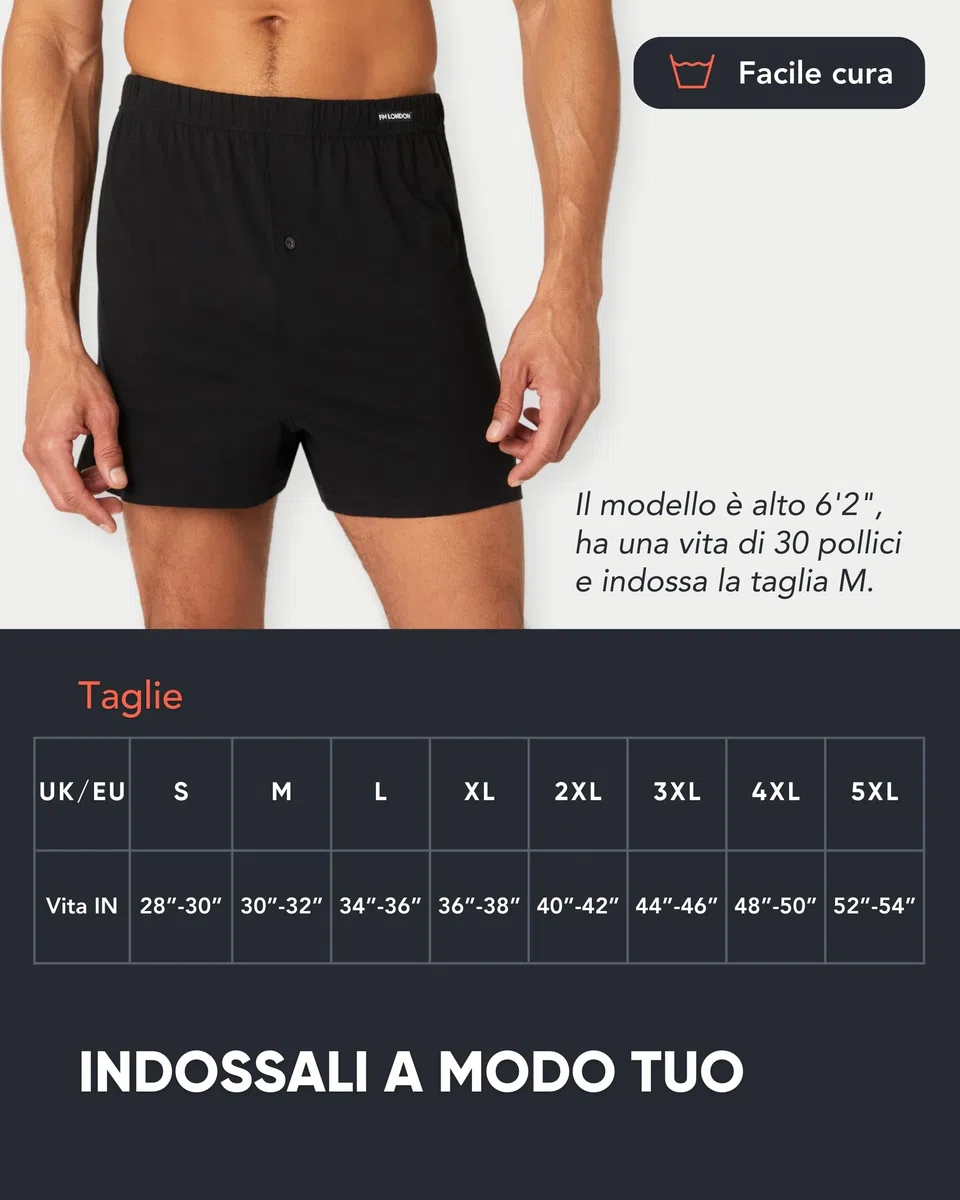 FM London Confezione da 5 Boxer Uomo Cotone 100 per Cento - Boxer Larghi Modello Loose Fit - Intimo Uomo Super Morbido in Tinta Unita con Patta con Bottoni e Comoda Fascia Elastica in Vita