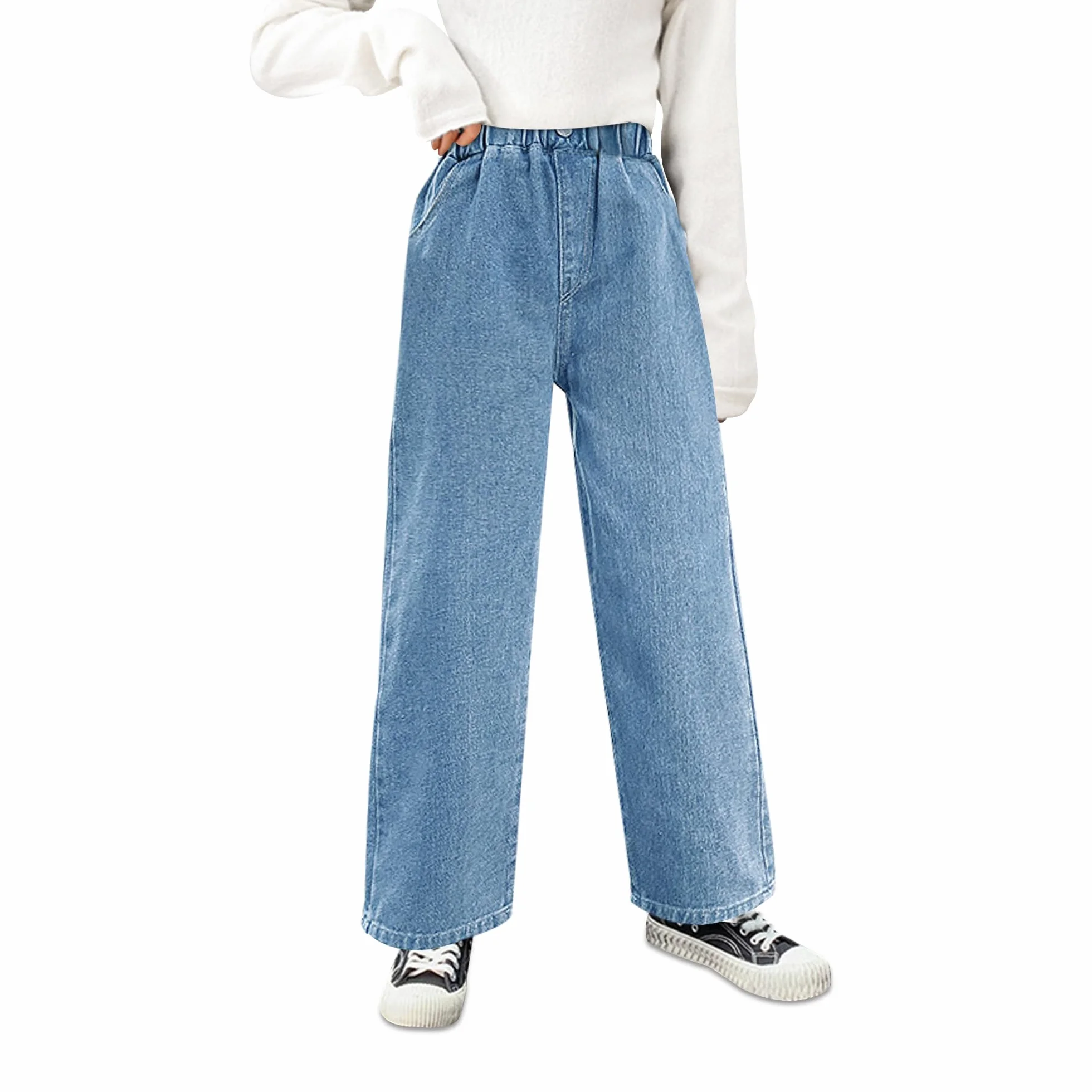 Jeans Ragazze Bambina Baggy Denim Pantaloni Gamba Larga Lunghi Jean con Vita Elastica Stretch Denim Pants con Tasche Larghi Casual Blu Pantaloni Moda Streetwear per Bambini 6-14 Anni