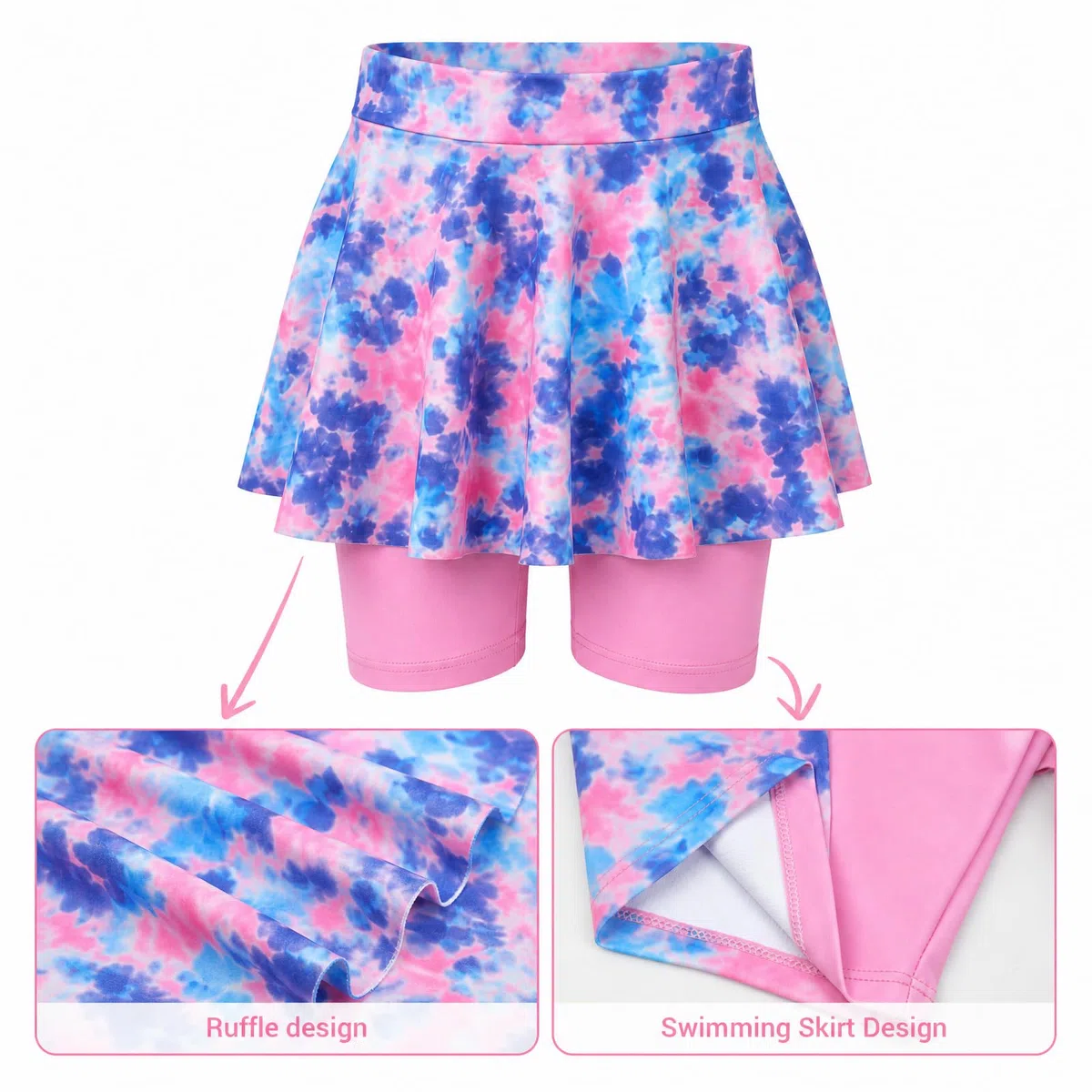 Costume da bagno per ragazze, 3 pezzi, a maniche lunghe, protezione dai raggi UV, maglia con pantaloni corti e cuffia da nuoto, 4-9 anni