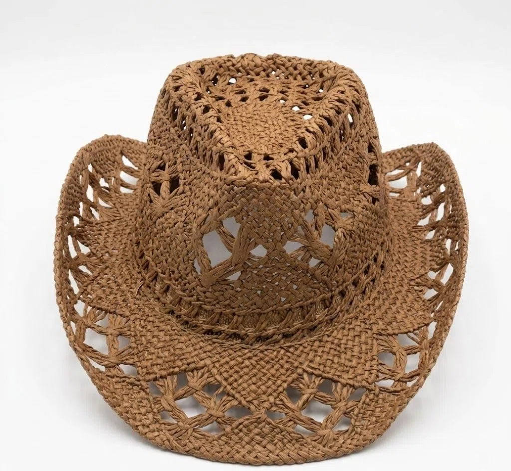 Cappello da Cowboy in Paglia Marrone Chiaro per Donna e Uomo - Cappello Western Estivo Traforato a Tesa Larga per Spiaggia e Viaggi V002