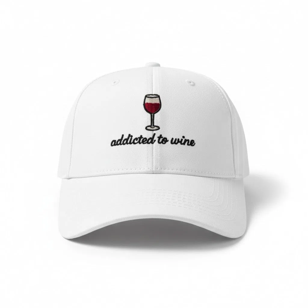 Cappellino da festival bianco, motivo "Addicted to Wein/Caffè" con scritta "Addicted to Wein/Coffee" – Divertente berretto da baseball per uomo e donna – Cappuccio in cotone regolabile in stile