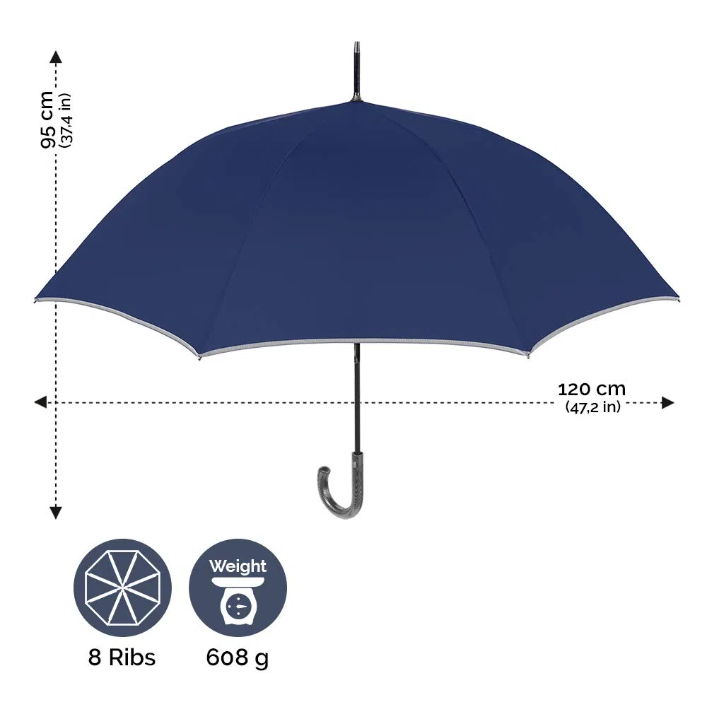 PERLETTI Ombrello Blu CATARIFRANGENTE Lungo Golf Uomo Donna Automatico - Ombrello Classico Grande XL Riflettente 2 Persone Antivento Resistente Robusto in Fibra di Vetro Elegante (Manico Curvo)